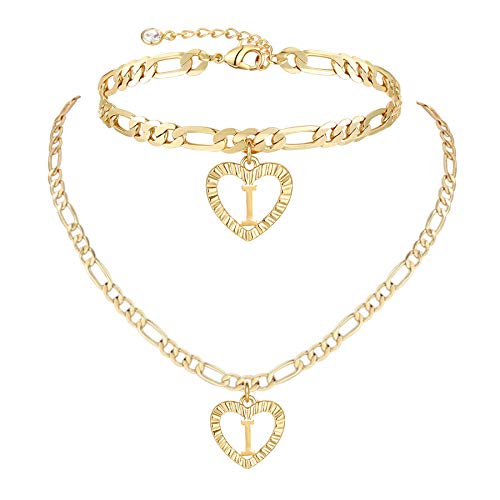 YANODA Gold Initial Pendant Necklace Anklet Bracelet for Women 14K Gold Plated Figaro Chain Letter Initial Heart Necklace Anklets Alphabet Foot Jewelry Personalized Jewelry for Women - style: I