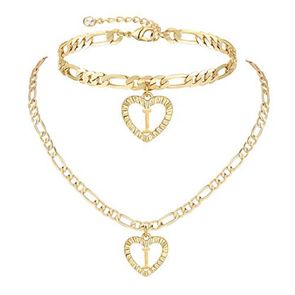 YANODA Gold Initial Pendant Necklace Anklet Bracelet for Women 14K Gold Plated Figaro Chain Letter Initial Heart Necklace Anklets Alphabet Foot Jewelry Personalized Jewelry for Women - style: I