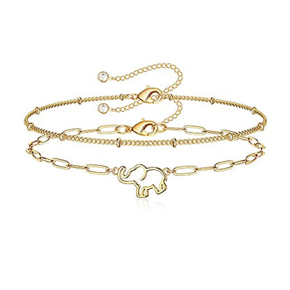 Dainty Gold Bracelets for Women, 14K Gold Plated Adjustable Layered Beads Bracelet Cute Evil Eye Oval Chain Pearl Bar Turtle Gold Bracelets for Women Jewelry - style: Beads Chain&Elephant