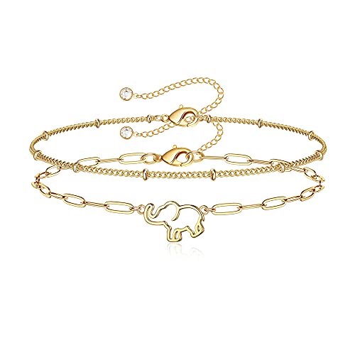 Dainty Gold Bracelets for Women, 14K Gold Plated Adjustable Layered Beads Bracelet Cute Evil Eye Oval Chain Pearl Bar Turtle Gold Bracelets for Women Jewelry - style: Beads Chain&Elephant