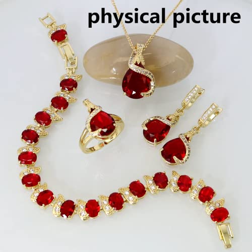 GZWHD Jewelry Set for Women Water Drop Cubic Zirconia Artificial Crystal Earrings Pendant Necklace Open Ring Tennis Bracelet Wedding Anniversary Birthday Engagement Gift for Bridesmaid Wife Girlfriend Friend - color: Gold-Ruby