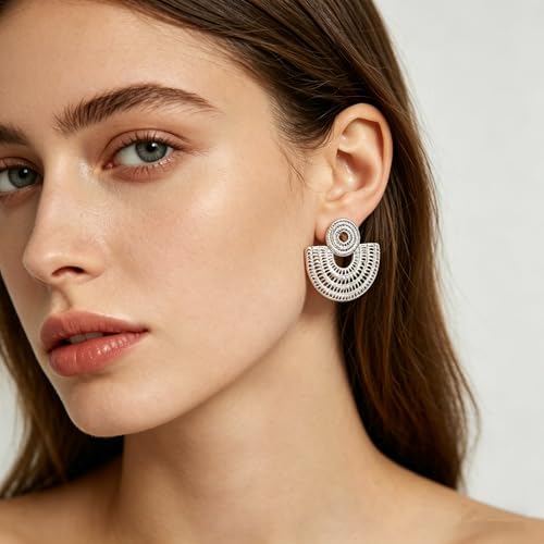 Gold Statement Earrings For Women, 14K Gold Plated Textured Geometric Drop Earrings - Hypoallergenic Stainless Steel Statement Earrings for Women, Waterproof Fan-Shaped Dangle Earrings for Beach & Daily Wear - color: Fan Silver DKE252046S