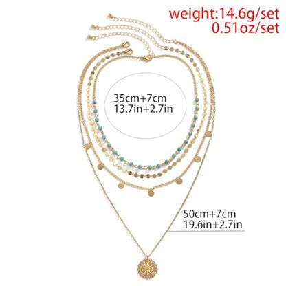 Gold Layered Necklace for Women Summer Boho Layered Stacked Pendant Necklace Country Concert Necklace Turquoise Coin Long Necklace - color: A
