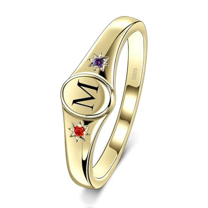 S925 Sterling Silver Personalized Initial Signet Ring Customized Letter With Birthstones Band Engraved Stacking Rings for Mother Daughter Wife Birthday Wedding Engagement Promise Ring - color: Style 1