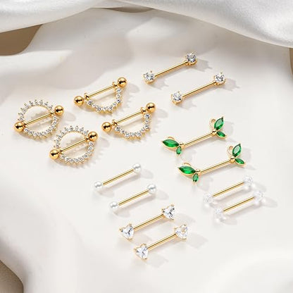 G&O JFU 7 Pairs 14G Nipple Rings Set – Stainless Steel Straight Barbell with CZ Stones, Gold Plated & Silver Tone, Butterfly Back Pink Nipple Piercing Jewelry for Women - color: Gold Plated Clear Nipple Piercing Jewelry
