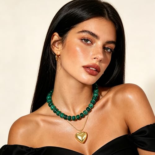 YUJIE Chunky Heart Pendant Necklace for Women- Exaggerated Statement Puff Heart Necklace with Acrylic Beaded Chain - color: B-GREEN