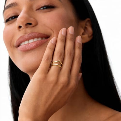 Silver Open Adjustable Stacking Rings for Women, Minimalist Wrap Band Set, Geometric/Heart/Wave/Leaf/Spiral Styles, Hypoallergenic, Gift Box Included, Thumb Ring Option - color: 14K V-shaped Heart