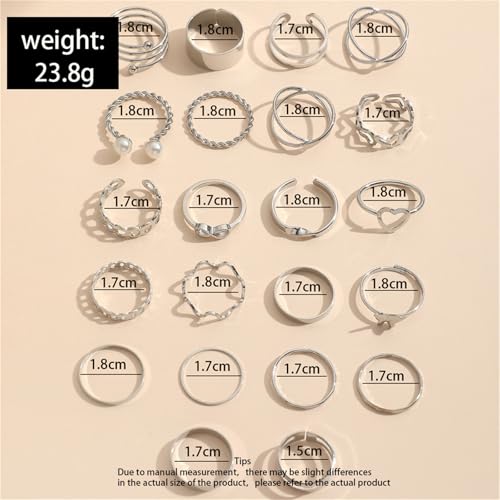 22Pcs Gold Plated Knuckle Rings Set for Women,Boho Dainty Stackable Joint Finger Midi Ring Pack Simple Cute Pearl Butterfly Heart Rings Adjustable Statement Jewelry Mixed Size - color: Silver