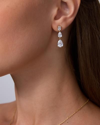 PAVOI 14K Gold Plated Cubic Zirconia Dangle Earrings for Women - Crystal Long Linear Bridal Drop Earrings - Cluster CZ Pearl Simulated Diamond Drop Dangle Wedding Jewelry for Brides & Bridesmaid - style: Pear