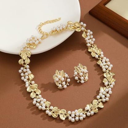 Fashion Bride Silver Gold Plated Bridal Layered Leaf Faux Pearls Necklace Earrings Set Wedding Jewelry Set Choker Necklace Stud Earrings Set for Women