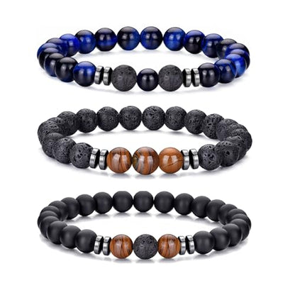 RANKEEF Tiger Eye Bracelet For Men 8MM Natural Stone Stretch Adjustable Black Crystal Beaded Bracelet for Men Women Gifts - color: 3,blue,tiger eye