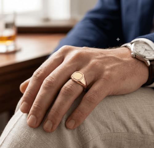 Visoka Men's Personalized Gold Signet Ring Custom Initial - Octagon Engraved Pinky Ring for Men, Stainless Steel Gold Plated, Statement Ring Gift for Boyfriend Groomsmen