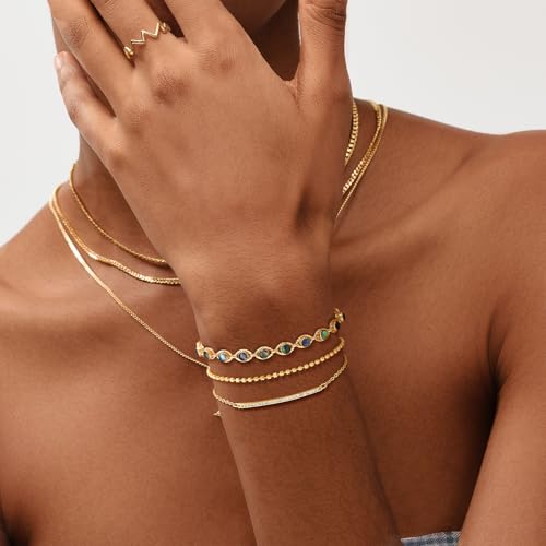 MEVECCO Dainty Chain Bracelets for Women, Layered and Charm Styles | 14K Gold Plated Brass, Select Cubic Zirconia Accents, Single and Multi-Row Structures for Refined Everyday Wristwear - style: Evil Eye 3 Turquoise Bead