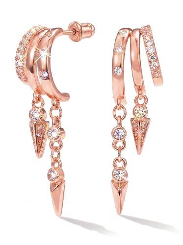 Gold Earrings for Women Trendy 14K Gold Plated Dangle Earrings Small Hoop Huggie Drop Stud Earrings Cubic Zirconia Simple Minimalist Dainty Chain Tassel Hypoallergenic Earrings - color: CZ Tassel & Rose Gold