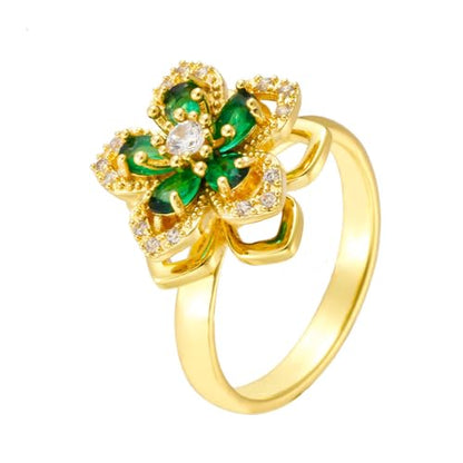 Sunflower Fidget Ring for Women Gold Anxiety Crystal Rings Cubic Zirconia Sunflower Open Adjustable Fidget Ring Spinner Sun Ring for Men Trendy Jewelry - color: Gold Green