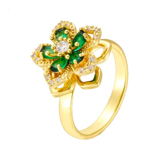 Sunflower Fidget Ring for Women Gold Anxiety Crystal Rings Cubic Zirconia Sunflower Open Adjustable Fidget Ring Spinner Sun Ring for Men Trendy Jewelry - color: Gold Green