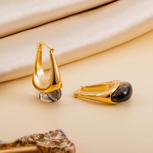 LAXPICOL Gold Chunky Dangle Earrings For Women Resin Stone Earrings Hoop Earrings, 18k Plated Oval Resin Stone Statement Earrings for Women Unique Dangling Teardrop Baroque Huggies Hoop Earrings - color: Gold