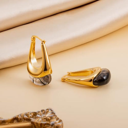 LAXPICOL Gold Chunky Dangle Earrings For Women Resin Stone Earrings Hoop Earrings, 18k Plated Oval Resin Stone Statement Earrings for Women Unique Dangling Teardrop Baroque Huggies Hoop Earrings - color: Gold