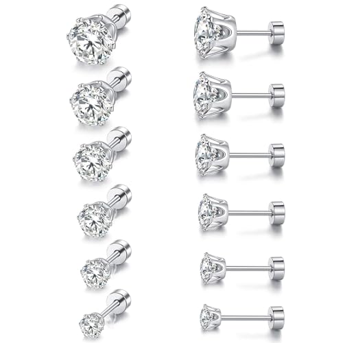 VOLUKA Cubic Zirconia Stainless Steel Screw Flat Back Earring - Hypoallergenic Stud Earrings for Women & Men - 316L Titanium CZ Stud Earrings for Nickel-Free, Trendy & Elegant - color: 6 Pairs- 3-8mm Flat Back -White