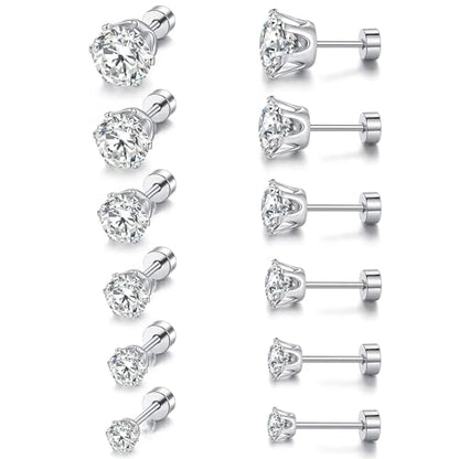 VOLUKA Cubic Zirconia Stainless Steel Screw Flat Back Earring - Hypoallergenic Stud Earrings for Women & Men - 316L Titanium CZ Stud Earrings for Nickel-Free, Trendy & Elegant - color: 6 Pairs- 3-8mm Flat Back -White