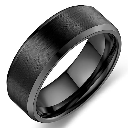 6mm 8mm Men Women Black Silver Gold Tungsten Carbide Rings Wedding Bands Matte Brushed Finish Beveled Step Edges - color: black 8mm beveled
