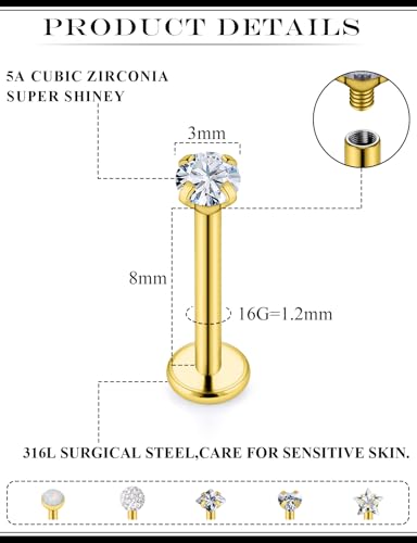16G Flat Back Earrings Nose Studs 316L Surgical Steel Medusa Labret Monroe Lip Ring Tragus Forward Helix Conch Cartilage Lobe Earrings Stud Piercing Jewelry For Women Men Silver Gold