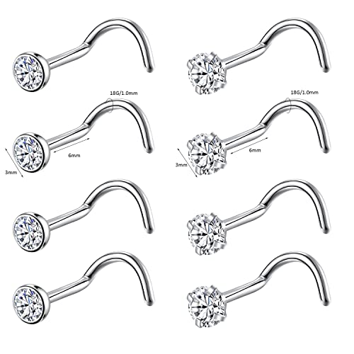8PCS G23 Titanium Twist Screw Nose Studs 18G 20G Nose Rings 2mm 2.5mm 3mm Clear Pink Purple Aurora CZ Gold Nose Piercing Studs Nostril for Women Men - style: 18g silver clear cz 3mm