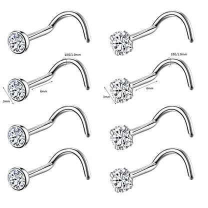 8PCS G23 Titanium Twist Screw Nose Studs 18G 20G Nose Rings 2mm 2.5mm 3mm Clear Pink Purple Aurora CZ Gold Nose Piercing Studs Nostril for Women Men - style: 18g silver clear cz 3mm