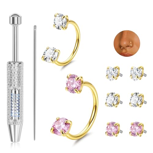 20G 18G Horseshoe Nose Ring Surgical Steel Double Gem Horseshoe Nose Ring Hoops for Women Internal Threaded Nose Piercings Septum Rings Cartilage Helix Daith Lip Piercing with Tool 7-8mm - color: Gold-B, size: 18G