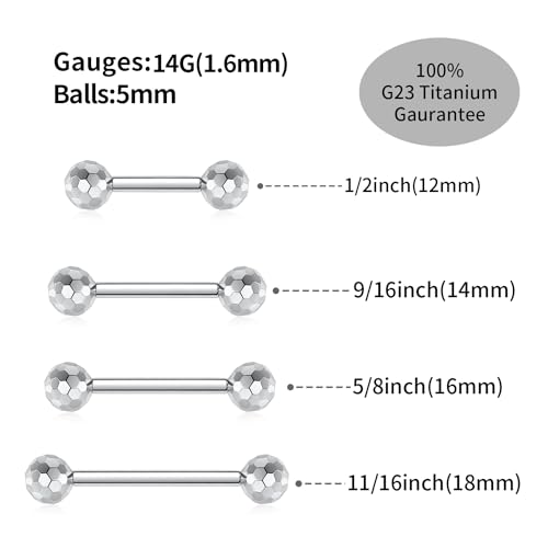 GAGABODY G23 Titanium 14G Tongue Piercing Nipple Jewelry Bridge Barbells | Internal Threaded Used in Nipple,Tongue,Bridge 14G Length from 12mm to 18mm Section Lightweight Daily Wear for Sensitive Skin - color: 1 Pair-Silver+Section Design Ball, size: 14G+