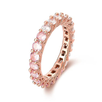 KUNSIR 925 Silver Cubic Zirconia Ring Size 7-9 Wedding Band Sterling Silver Eternity Ring Modern Style - style: Rose Gold Pink Zirconia Ring