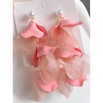 Handmade Bohemian Lightweight Fabric Flower Dangle Drop Earrings Chic Pearl Large Tassel Petal Stud Earrings For Women - color: Pink