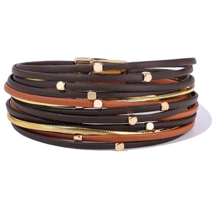 Boho Leather Wrap Bracelets Beaded Stackable Cuff Bracelet Country Concert Outfits Cowboy Cowgirl Western Jewelry Gifts for Women - color: Bead-Brown