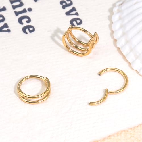 davka Nose Ring Set, 18G Hinged Hoop 8mm & 20G Nose Studs, Stainless Steel & Gold Plated, Hypoallergenic, Multiple Styles Nose Piercing Jewelry - color: Gold/3Pcs Hoops/18gauge 8mm/Set-C