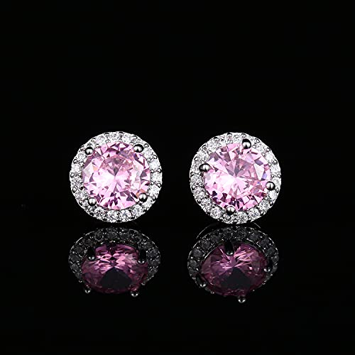 YOMELA Round Cubic Zirconia Stud Earrings for Women | Everyday Dainty, Diamond-Like Brilliance, CZ Halo Birthstone Studs, Hypoallergenic & Lightweight, Elegant & Versatile - color: Pink