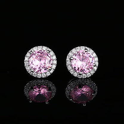 YOMELA Round Cubic Zirconia Stud Earrings for Women | Everyday Dainty, Diamond-Like Brilliance, CZ Halo Birthstone Studs, Hypoallergenic & Lightweight, Elegant & Versatile - color: Pink