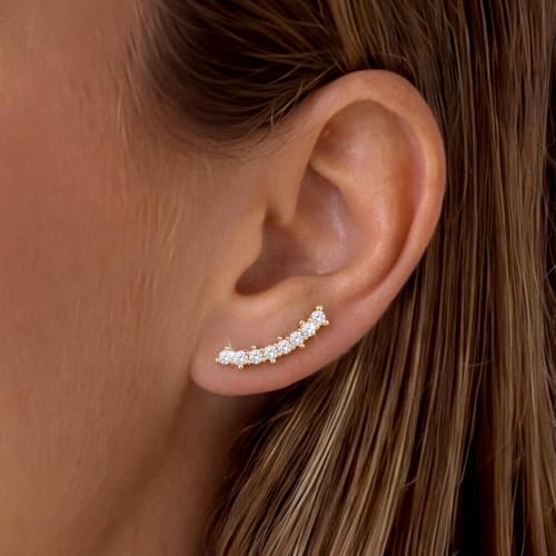 Ear Climber Earrings for Women, 14K Gold Plated/Silver Plated | Crawler Earrings Pierced with Cubic Zirconia, Hypoallergenic Cluster Stud Tragus Conch Daith Cartilage Jewelry Gift for Daily - color: Gold-5