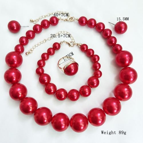 Large Big Simulated Pearl Adjustable Chain Necklace Bracelet Dangling Earrings Ring for Women Jewelry Set Imitation Dainty Elegant Wedding Party Birthday - color: bright red