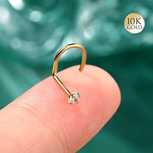 COCHARM 10k Solid Gold Clear CZ Nose Stud 20g 10K Yellow Gold Nose Screw Nose Rings Hypoallergenic S Shape Nose Piercing For Women Men - color: Clear