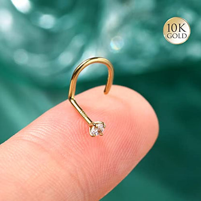 COCHARM 10k Solid Gold Clear CZ Nose Stud 20g 10K Yellow Gold Nose Screw Nose Rings Hypoallergenic S Shape Nose Piercing For Women Men - color: Clear
