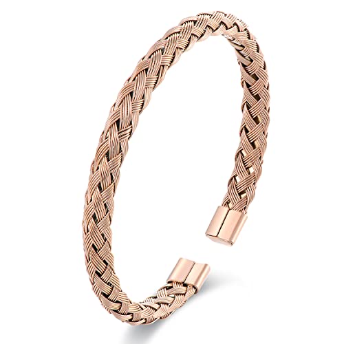 Stainless Steel Braided Cable Cuff Bangle Bracelet, Adjustable, Mens Womens, Minimalist - color: Rose Gold