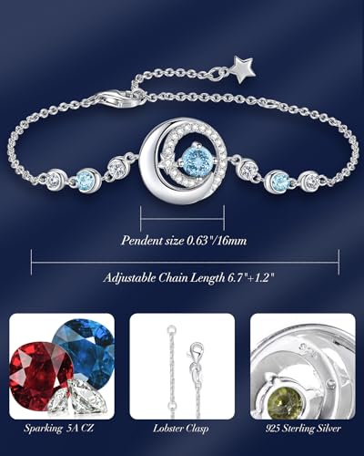FANCIME Birthstone Bracelets 925 Sterling Silver Moon and Star Bangle Charm Bracelet Fine Jewelry Anniversary Birthday Mothers Day Gifts for Mom Her Women, Adjustable Chain 6.7"+1.2" Extend - color: link-3-aquamarine