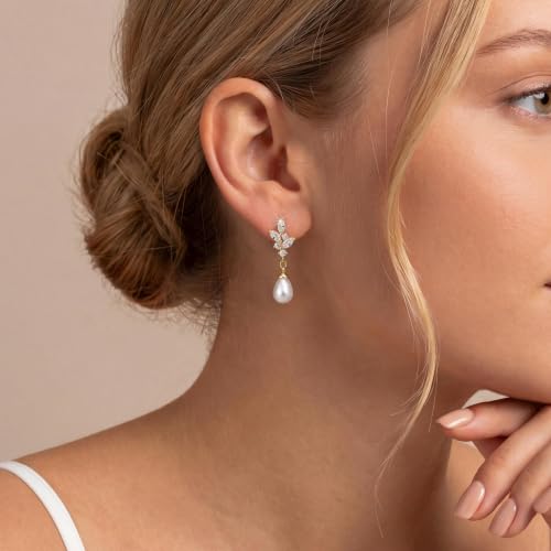 Plenky Pearl Earrings-14K Gold Plated Dainty Pearl Drop Simple Wedding CZ Dangle Dangling Cute Stud Earrings for Brides Earrings for Women Gifts - style: G-CZ Leaf Pearl Earrings