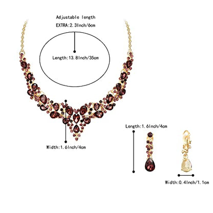 Wedding Statement Necklace Clip-on Earrings Jewelry Set | Sparkling Austrian Crystal Teardrop Cluster for Party Prom Accessories - color: 10-Deep Amethyst Color Gold-Tone