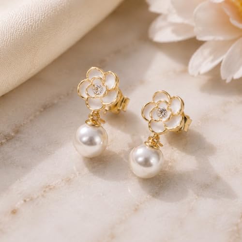 1 Pair Elegant Clip On Pearl Earrings Camellia Flower Design Chic Vintage | Camellia Flower Earrings | Clip-style Design | Pearl Earrings