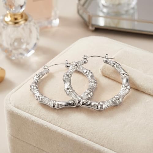 PAGOW 3 Pairs Large Bamboo Earrings, Silver Plated Hoop Bamboo Earrings | Round Hoop Y2K Earrings, Hypoallergenic 80s 90s Shiny Hip Hop Earring Hoops for Women Jewelry Party - 3 Sizes - color: silver,hoop 3 sizes