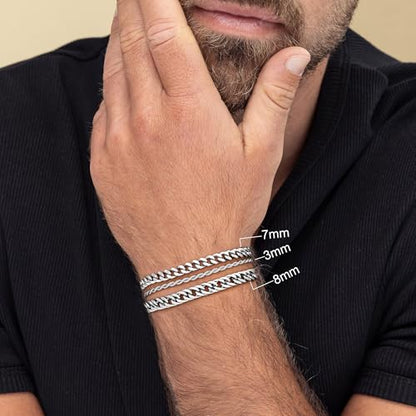 Yoosteel Silver Stackable Bracelets Stack for Men Non Tarnish | Stainless Steel Bracelet Stack, Cuban Rope Figaro Link Chain Bracelets Set, Men Trendy Jewelry Gifts, 3PCS, 7.5/8.3/9.0"
