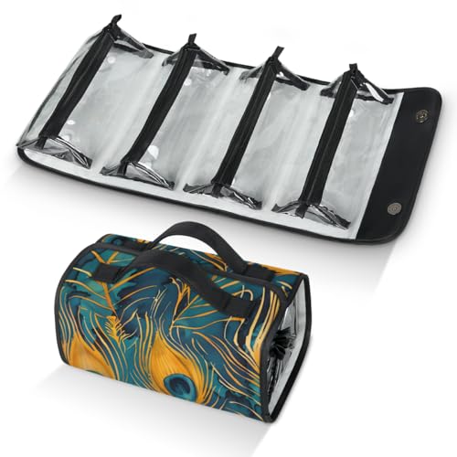 Bohemian Peacock Feather Hanging Roll Up Cosmetic Bag with 4 Removable Storage Bags Waterproof Foldable Toiletry Kit for Women - color: Multicolor 11