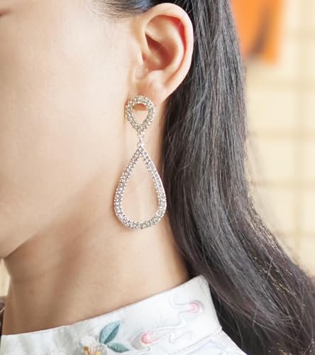 Rhinestone Teardrop Dangle Earrings Sparkly Wedding Jewelry - color: Silver
