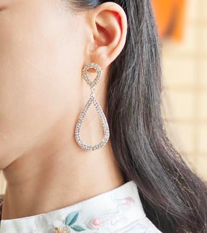 Rhinestone Teardrop Dangle Earrings Sparkly Wedding Jewelry - color: Silver